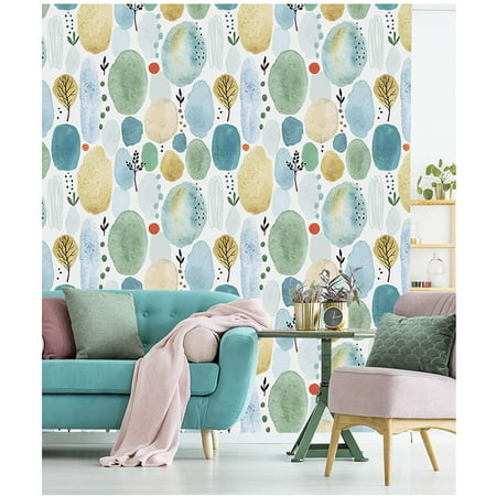 HaokHome 93043 Watercolor Forest Peel and Stick Wood Wallpaper Cute White/Blue/Green Removable for Nursery Decorations 17.7in x 118in 